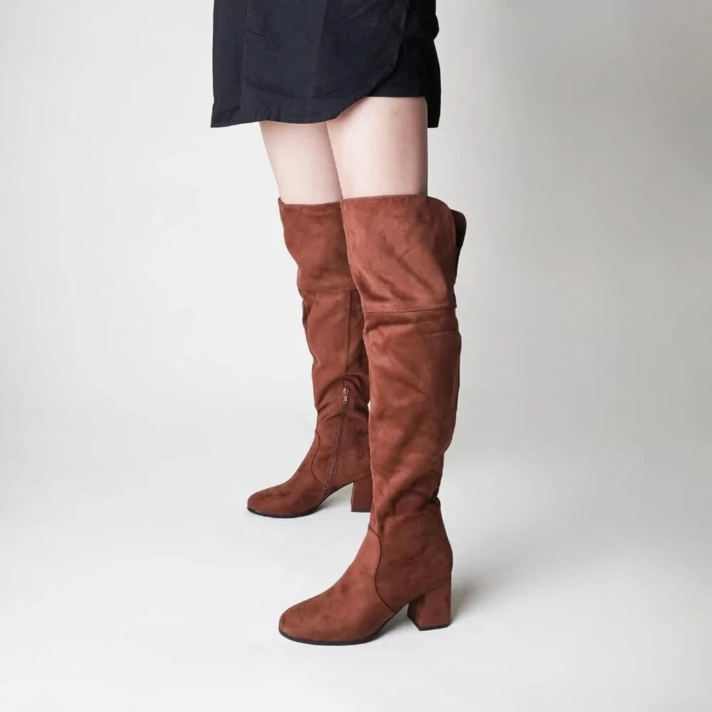 🆕J.Adams Brown Vegan Suede Over The Knee Trendy Low Block Heel Thigh High Boots